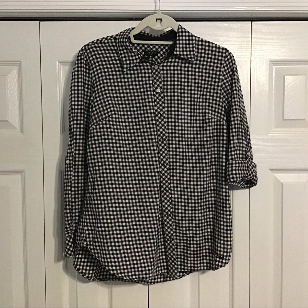 Talbots Petite Black and White Cotton Check Button Down Shirt Petite Medium